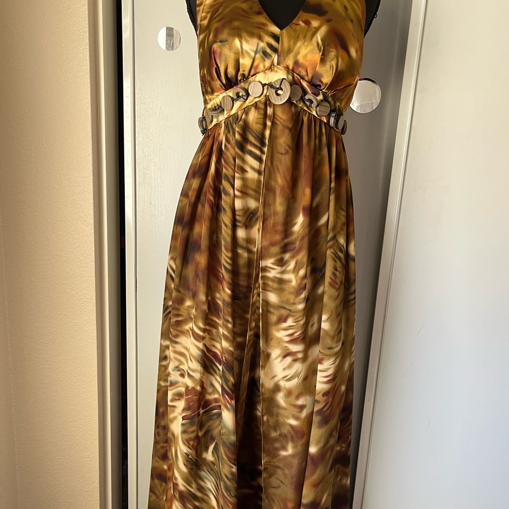 Dressbarn Brown and Gold Maxi Sundress with Plunge Neckline